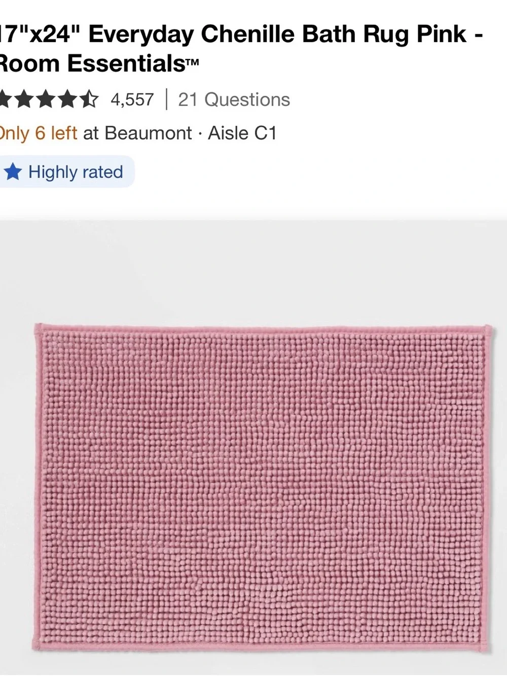 17x24 Room Essentials Pink Chenille Bath Rug